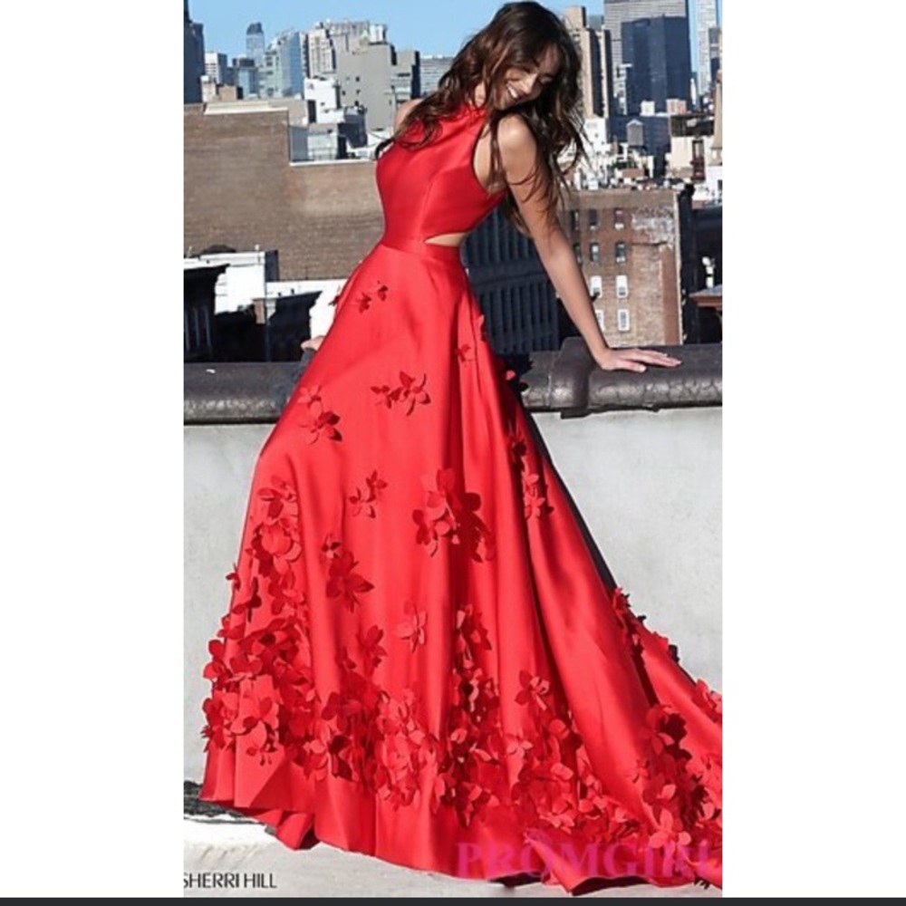 Sherri Hill 5116 Prom Dress with Red 3D Flowers